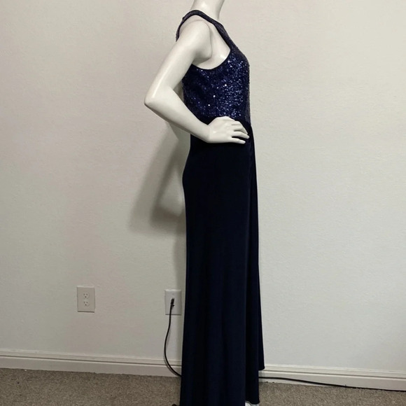 Cache Navy Blue High Neck Sleeveless Sequin Long Maxi Gown Dress Size 8 - Picture 5 of 11